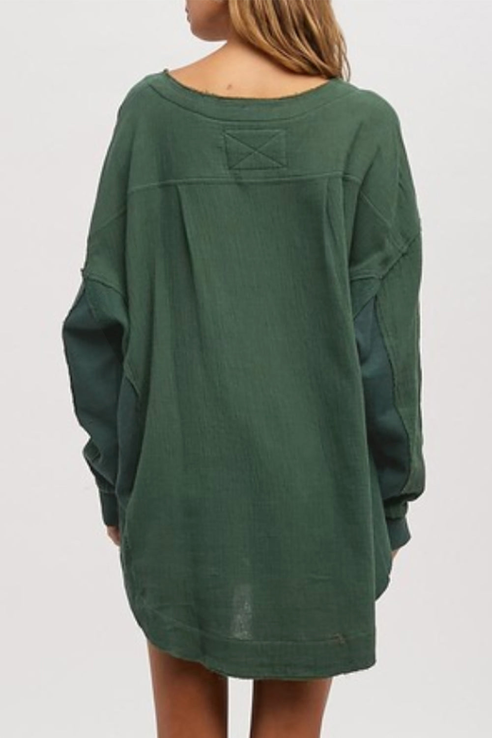Green Solid Color Crinkled Patchwork Henley Blouse
