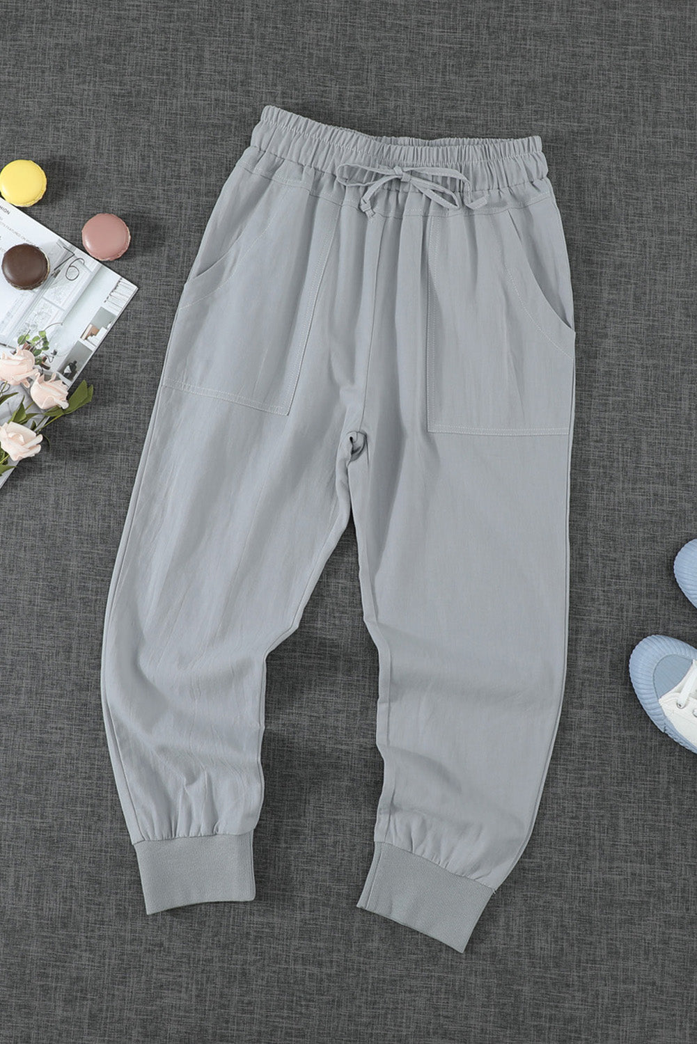 Gray Causal Pockets Elastic Waist Drawstring Pants