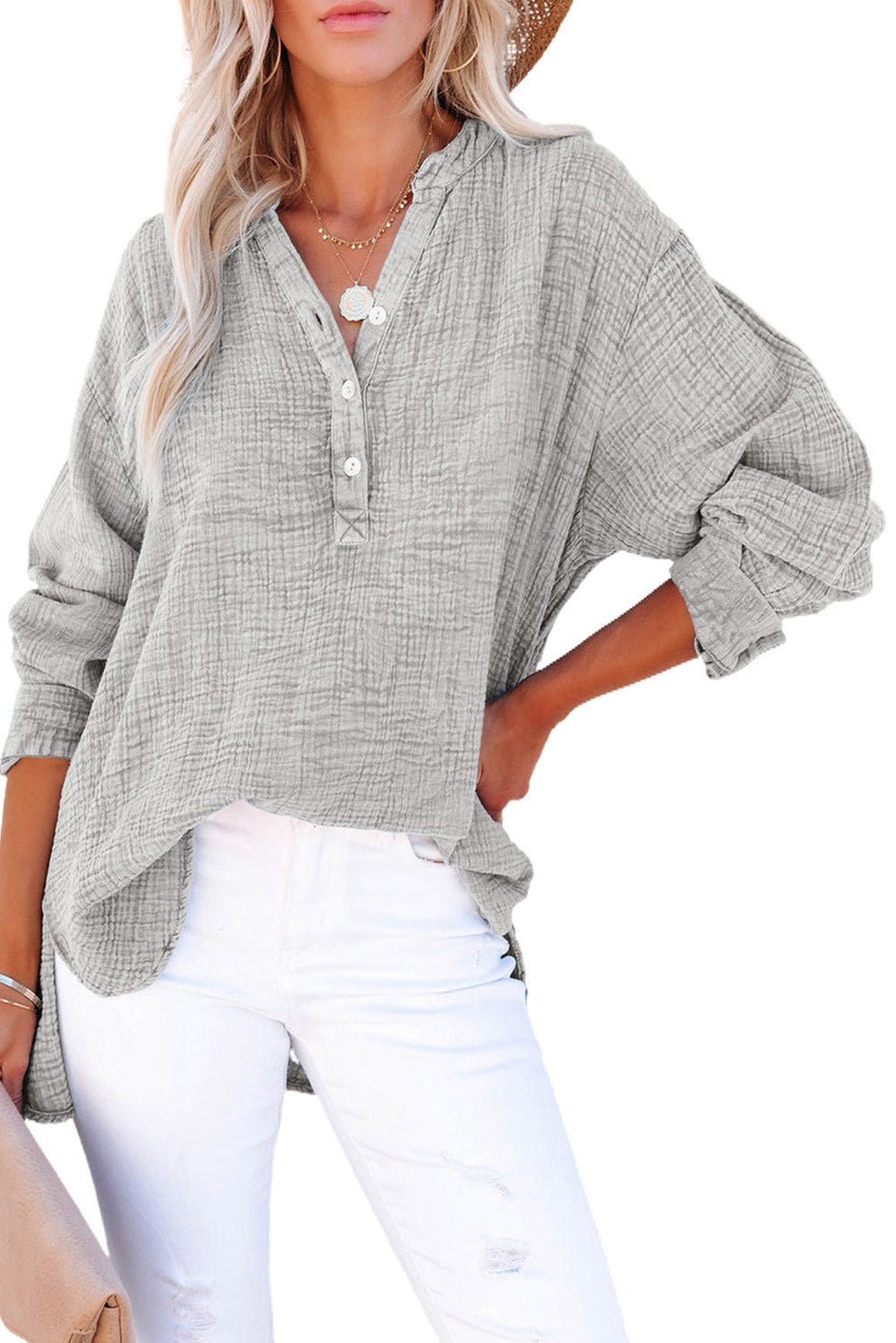 Gray Loose Crinkle Button V Neck Henley Top