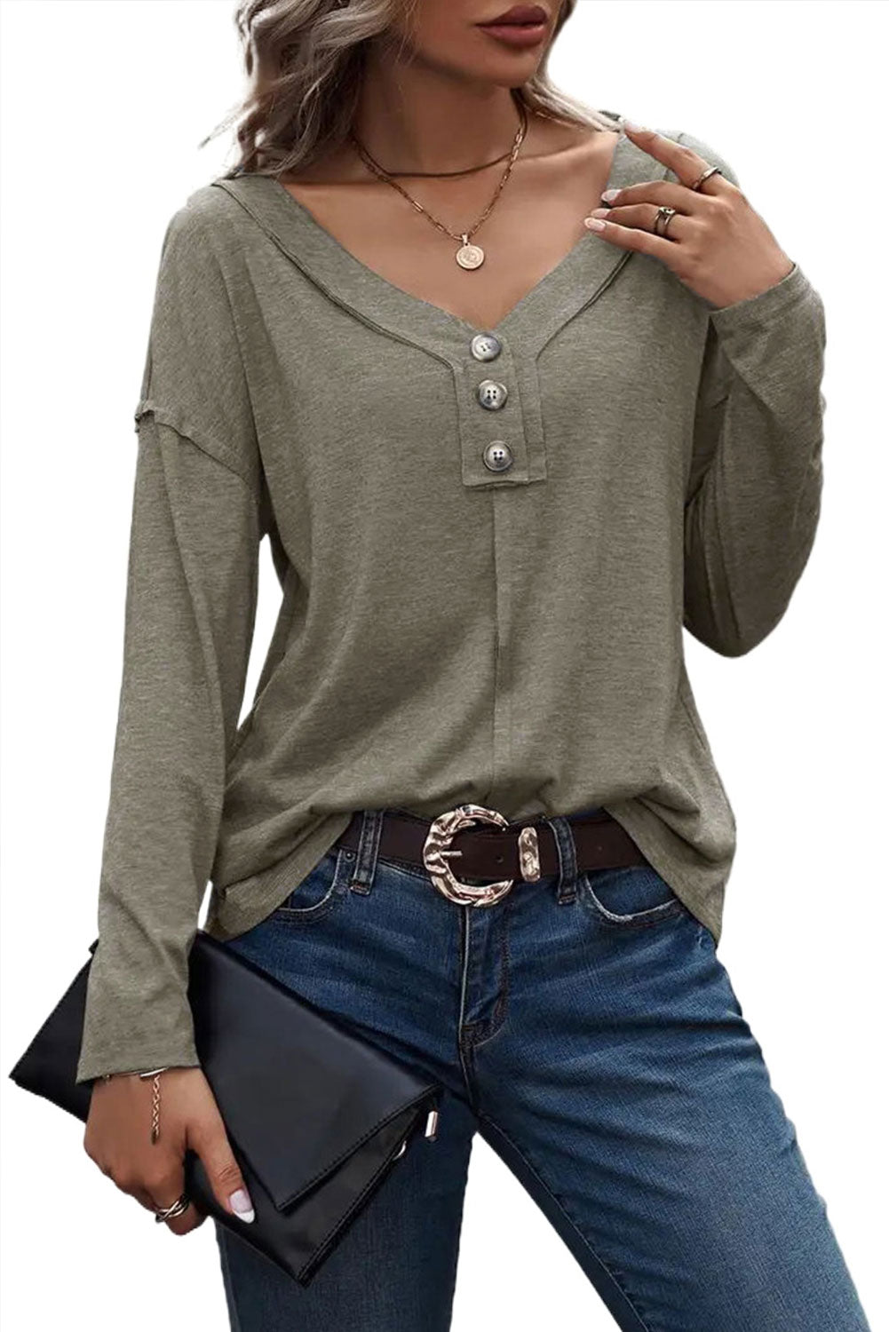 Khaki Long Sleeve V-Neck Stitching Henley Top