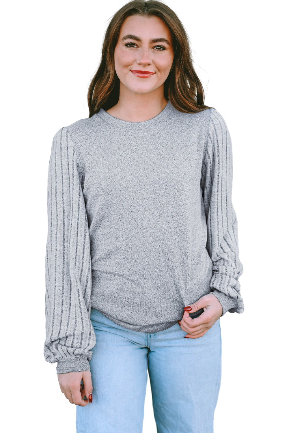 Gray Solid Color Contrast Ribbed Bishop Sleeve Top