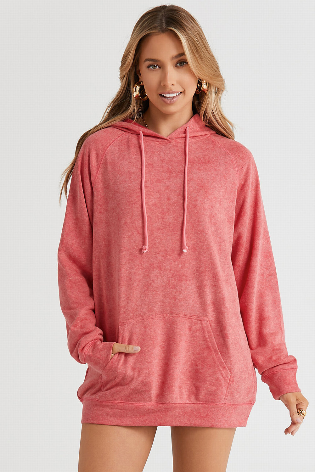 Gray Mineral Washed Kangaroo Pocket Drawstring Hoodie