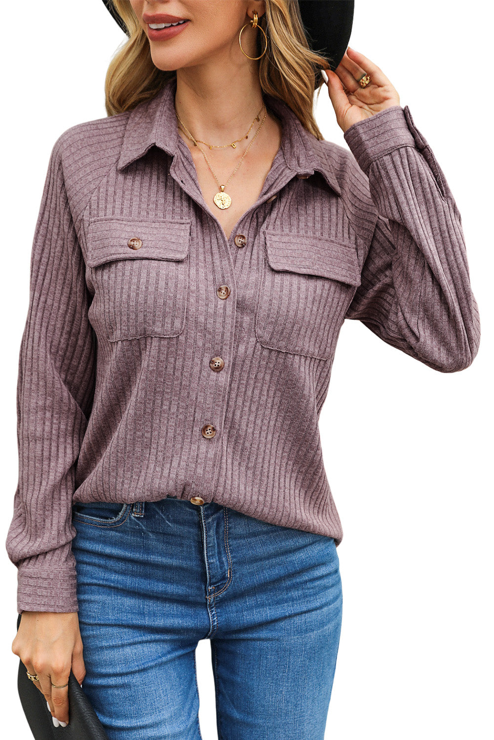 Purple Button Down Raw Hem Ribbed Shirt Shacket