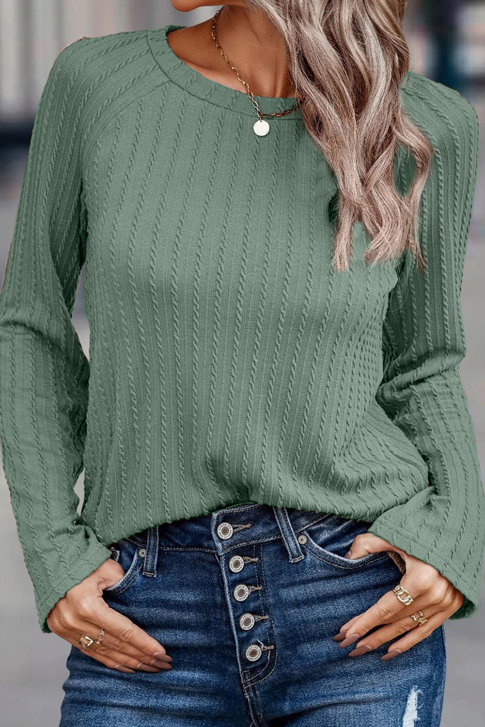 Green Ribbed Round Neck Knit Long Sleeve Top