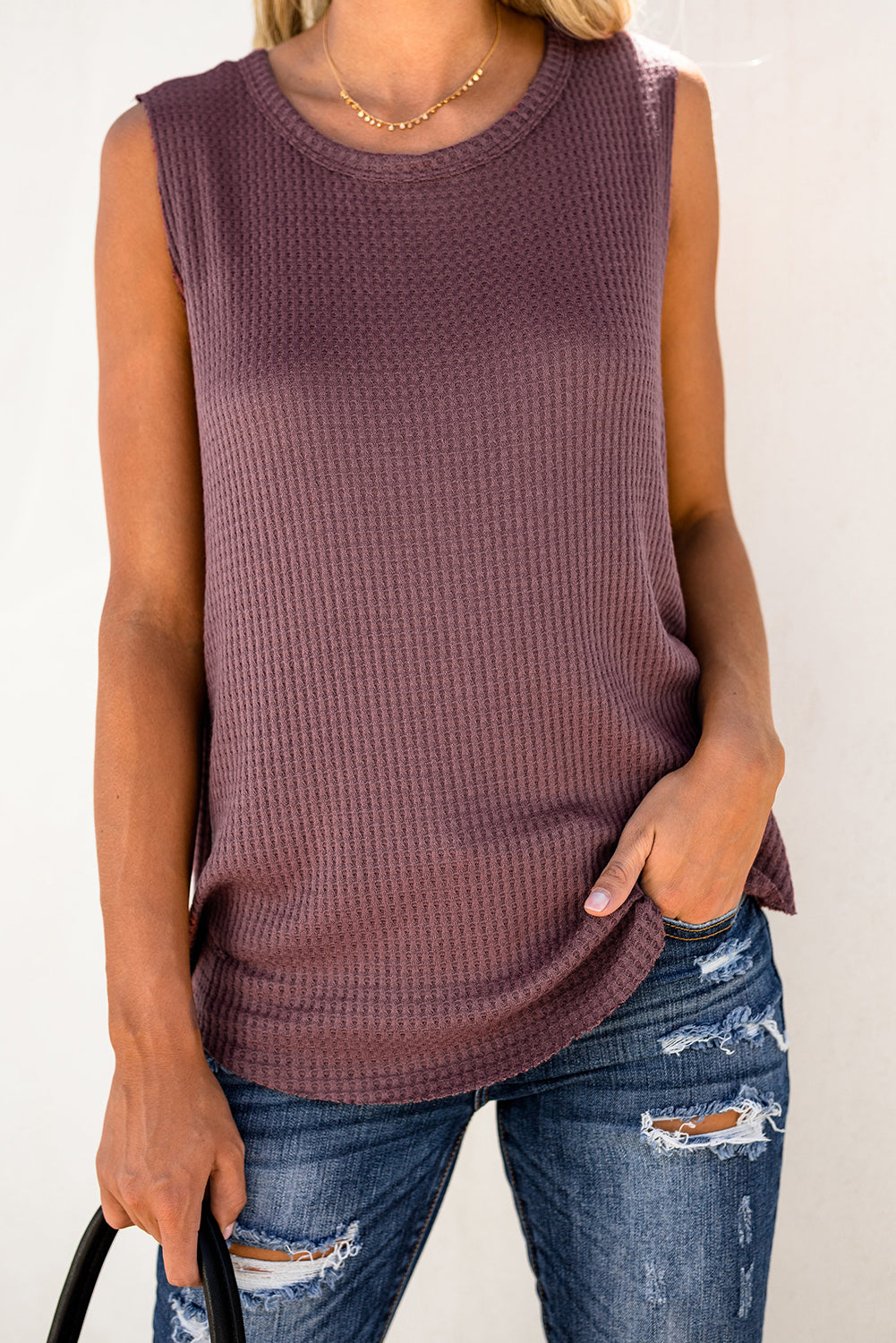 Red Basic Crew Neck Waffle Rib-Knit Tank Top