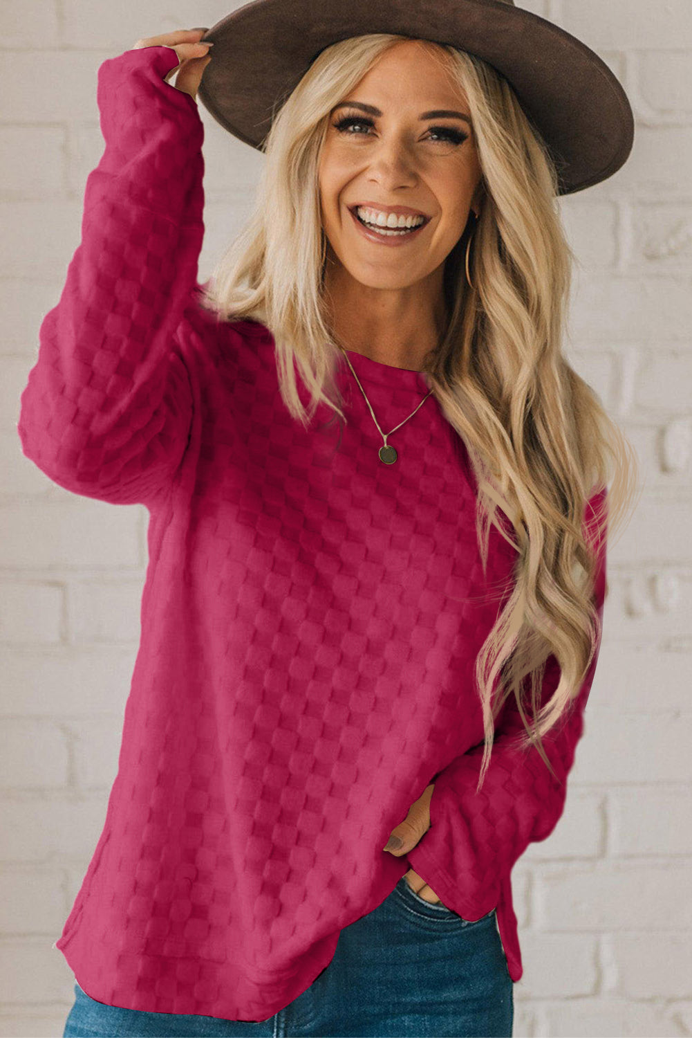 Beige Checkered Furry Thumbhole Long Sleeve Top