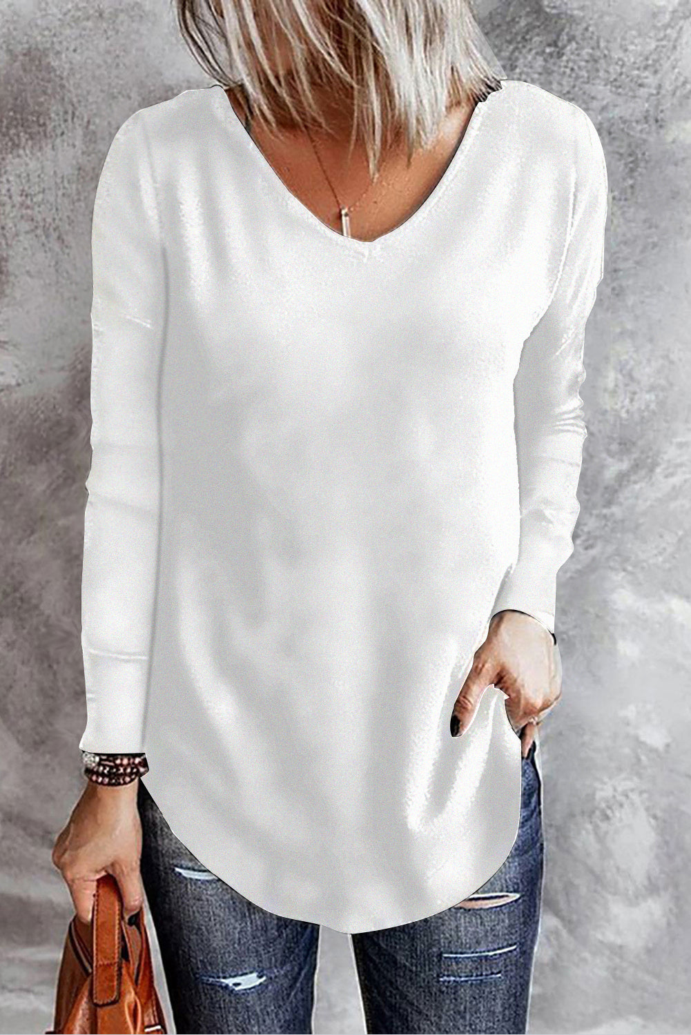 Plain White Solid Color Casual V Neck Long Sleeve Knit Top