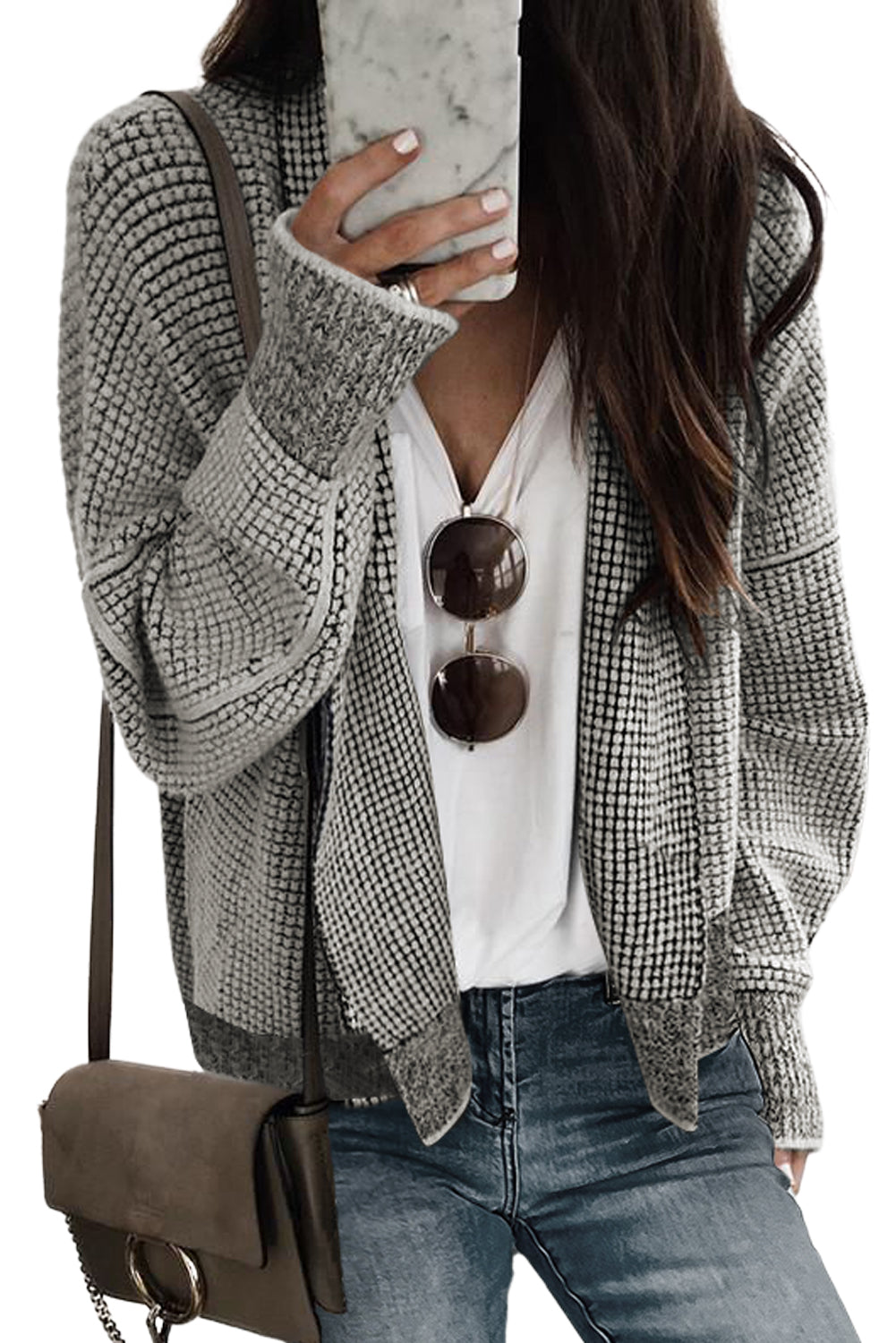 Grey Gingham Contrast Trim Open Front Cardigan