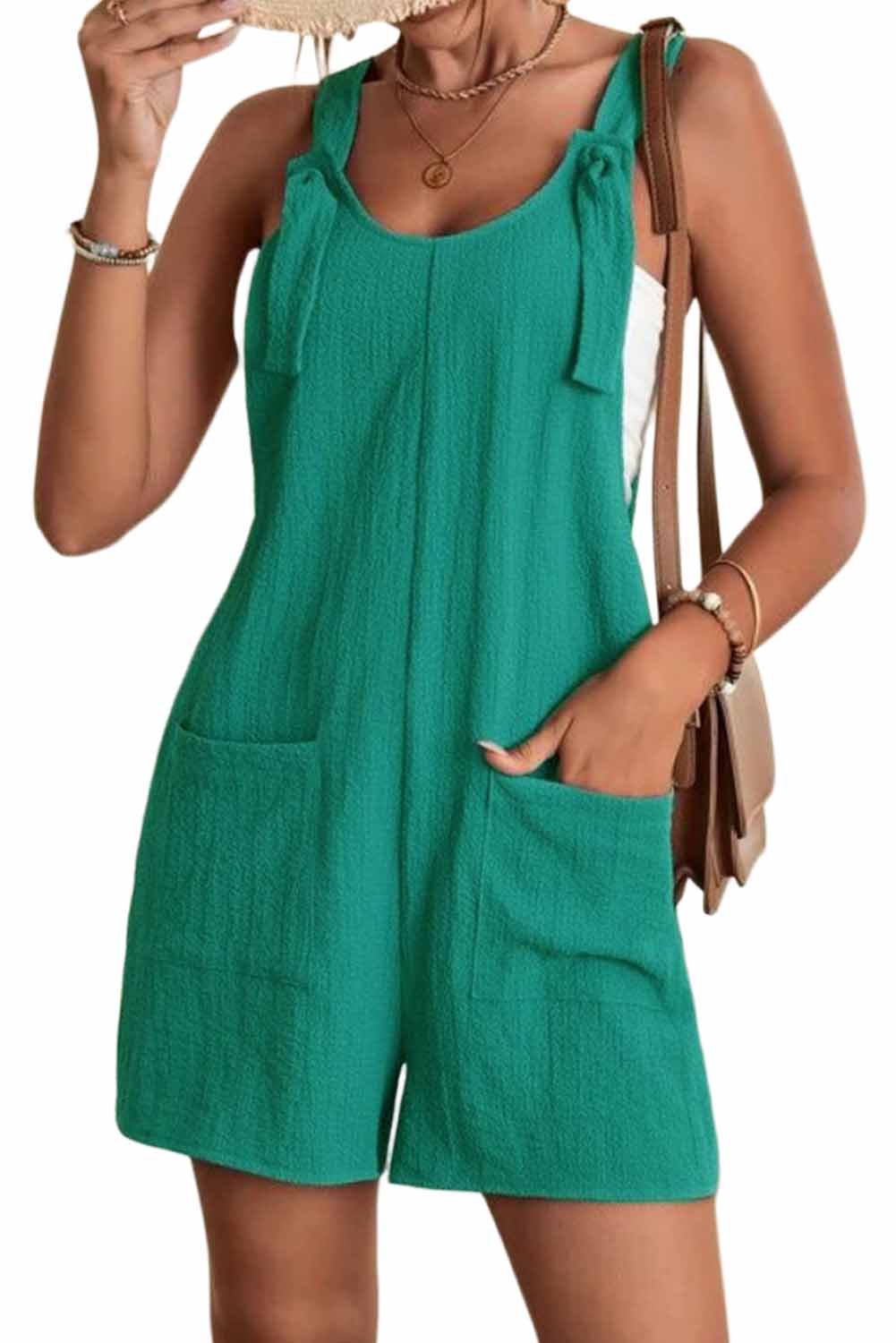 Brown Shoulder Strap Pocket Textured Romper