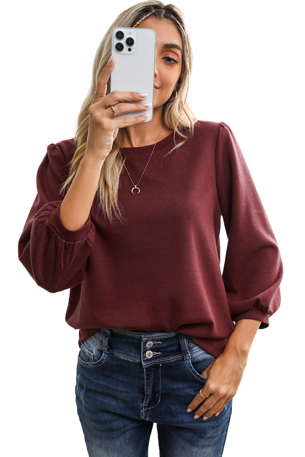 Black Plain 3/4 Puff Sleeve Round Neck Top