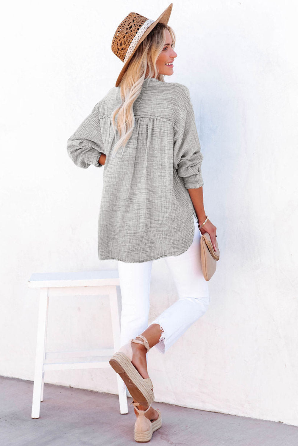 Gray Loose Crinkle Button V Neck Henley Top