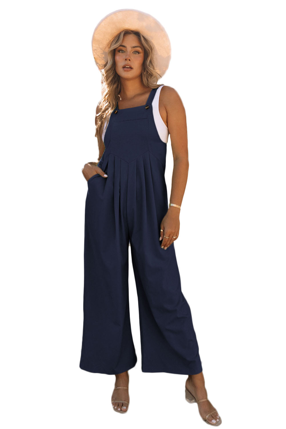 Dark Blue Sleeveless Pleated Wide Leg Jumpsuit