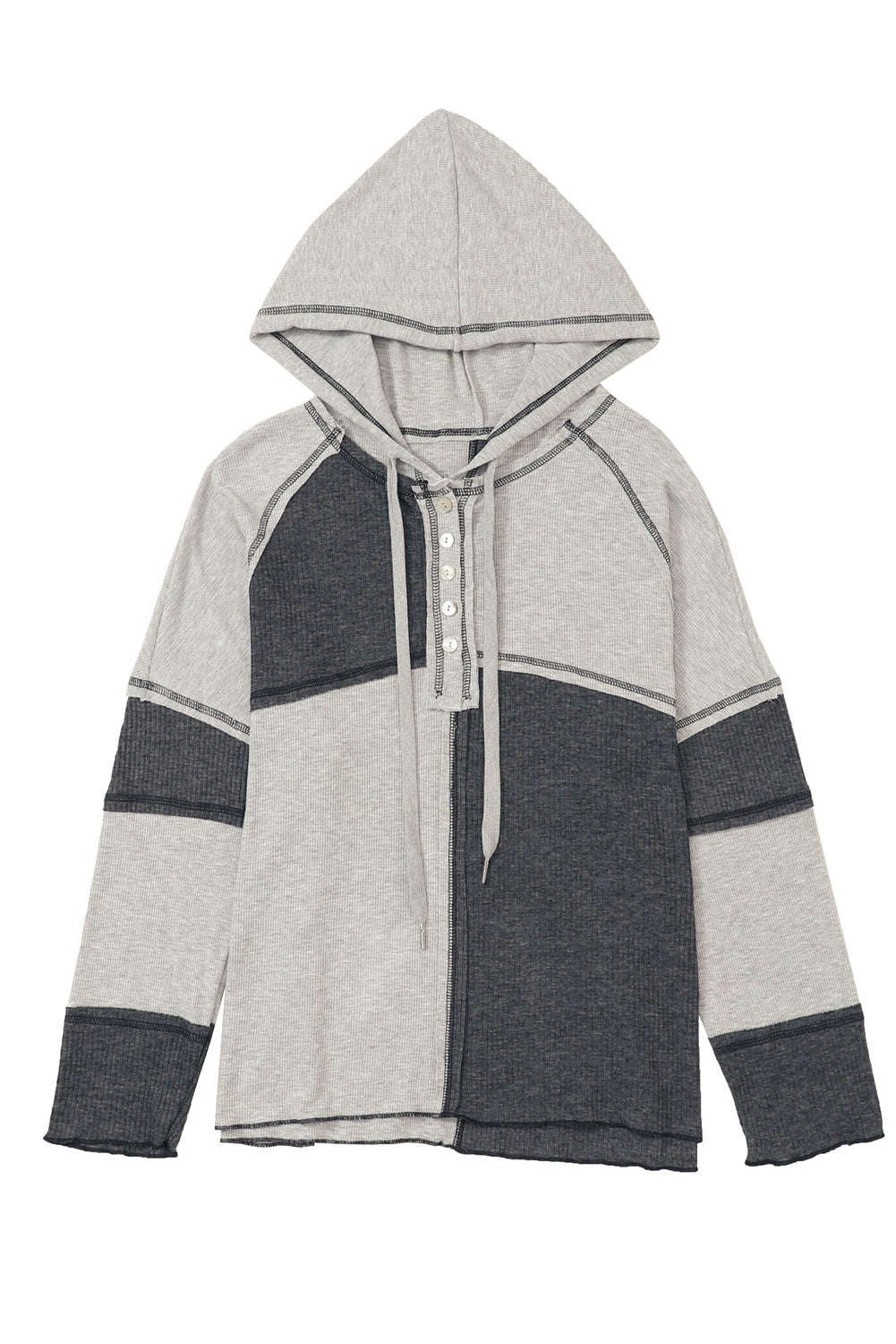 Gray Exposed Seam Ribbed Henley Hooded Long Sleeve Top