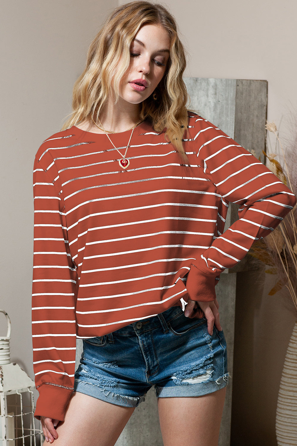 Striped Print Casual Long Sleeve Pullover Top