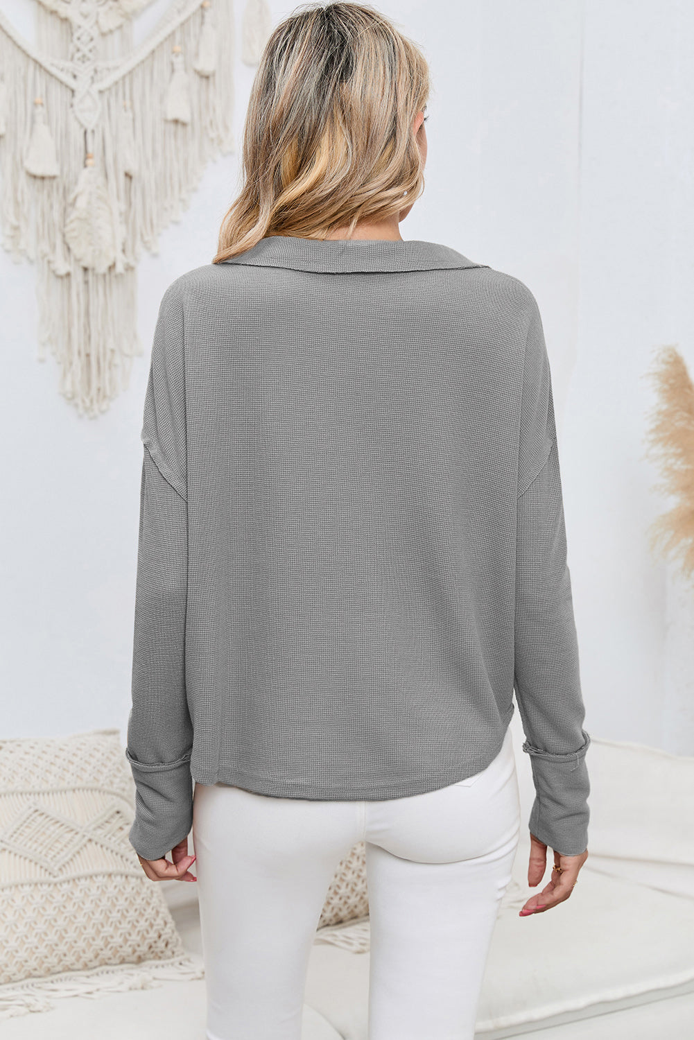 Gray V Neck Collared  Retro Waffle Long Sleeve Top