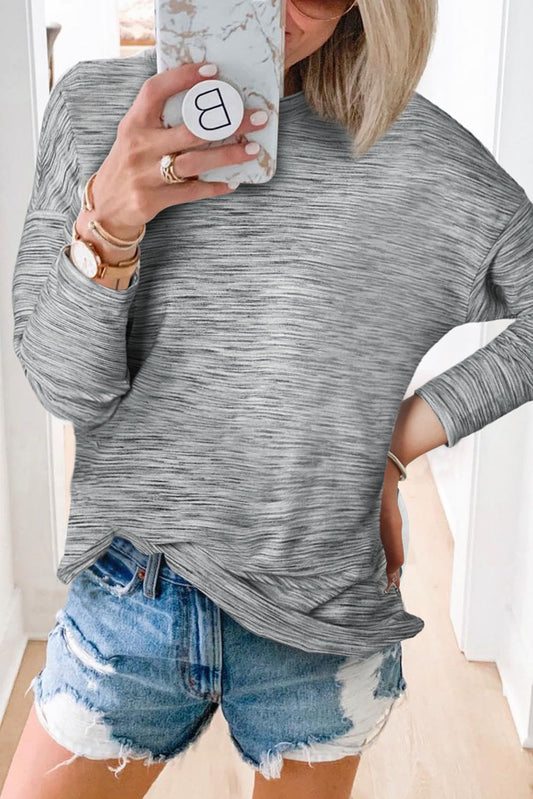 Stripe Casual Heathered Drop Shoulder Long Sleeve Top