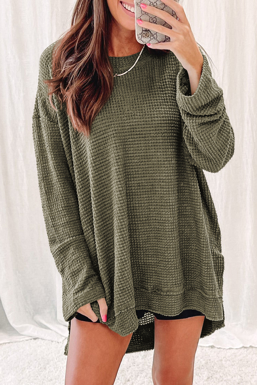 Gray Waffle Knit Drop Sleeve Side Slits Oversized Top