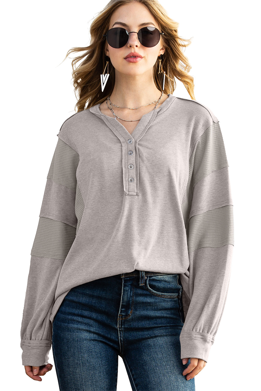 Gray Waffle Patchwork Dolman Sleeve Henley Top