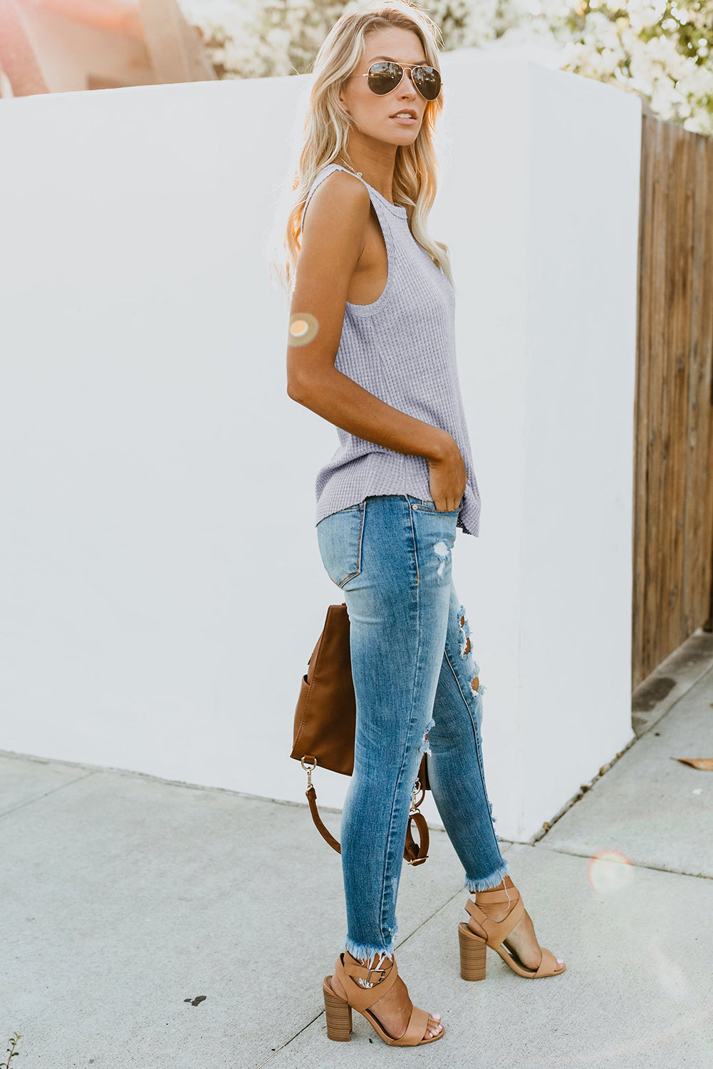 Red Basic Crew Neck Waffle Rib-Knit Tank Top