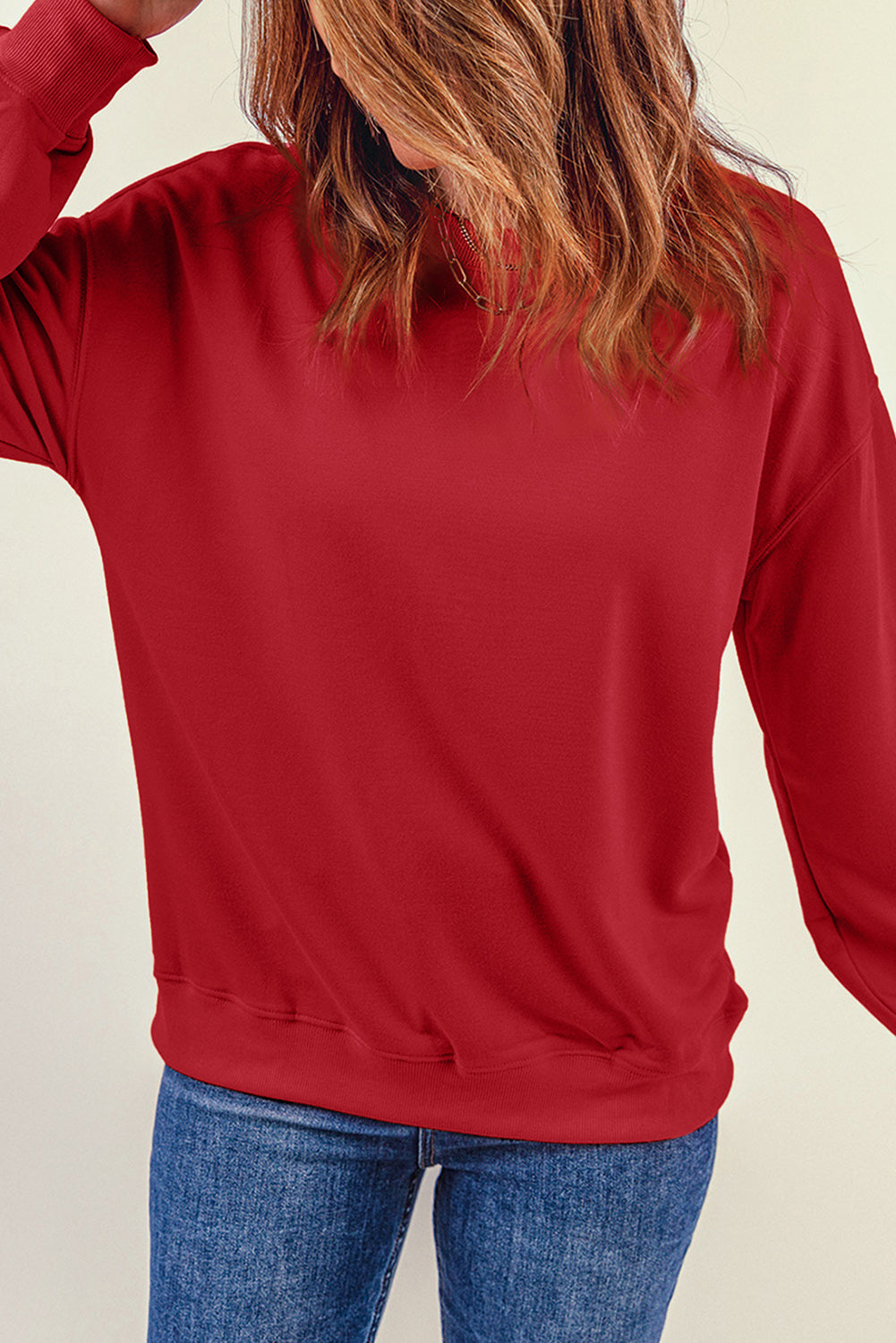 Red Plain Comfy Crew Neck Pullover Sweatshirt