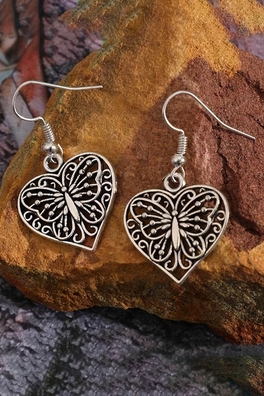 Silvery Retro Hollowed Butterfly Heart Pendant Earrings