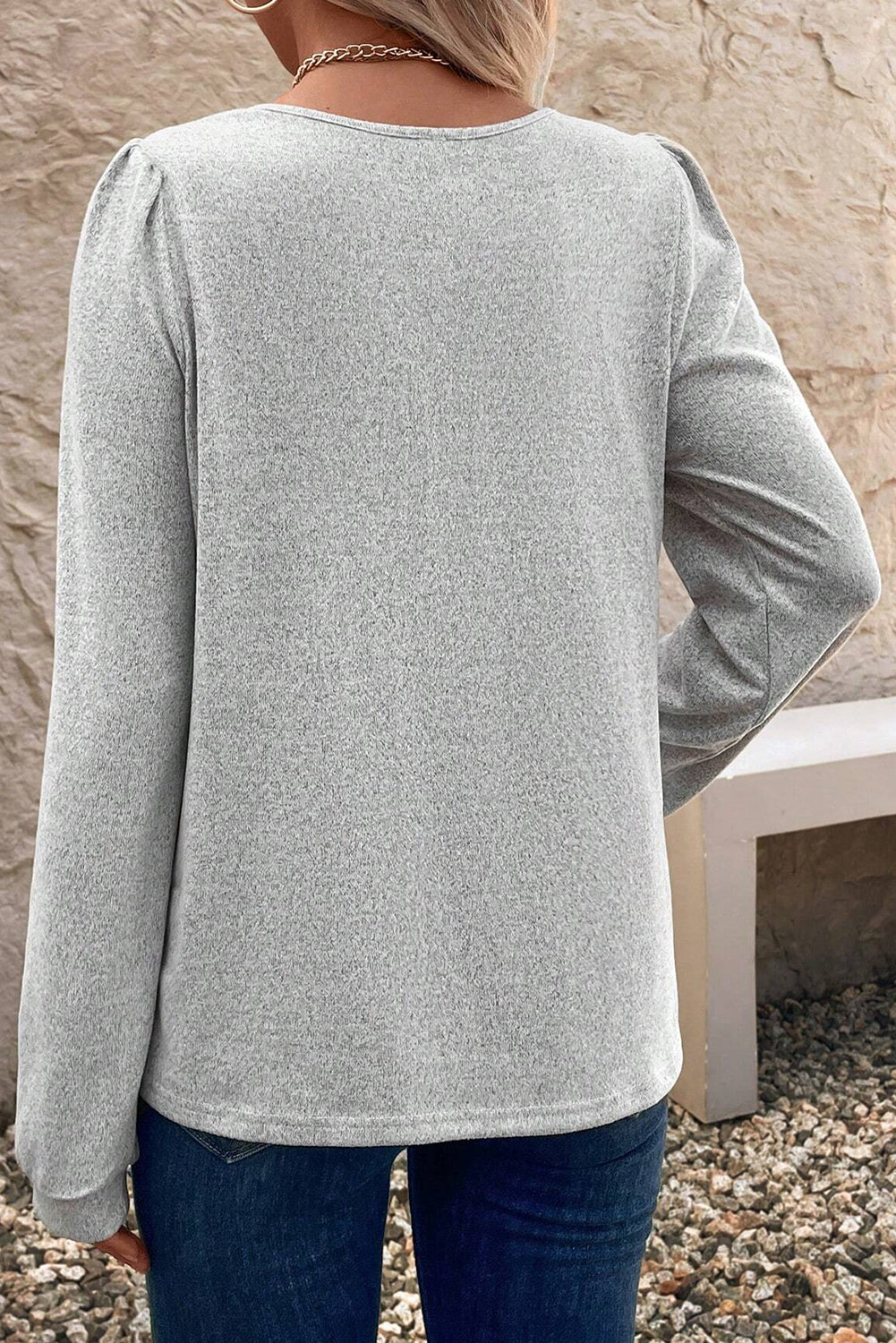 Light Grey Notched Neck Button Detail Puff Long Sleeve Top