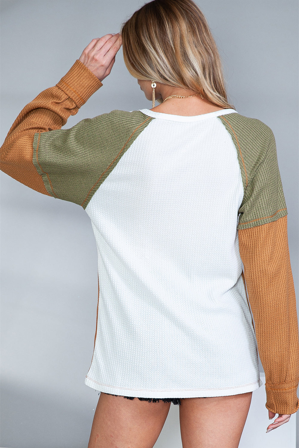 Green Waffle Knit Colorblock Patch Long Sleeve Top