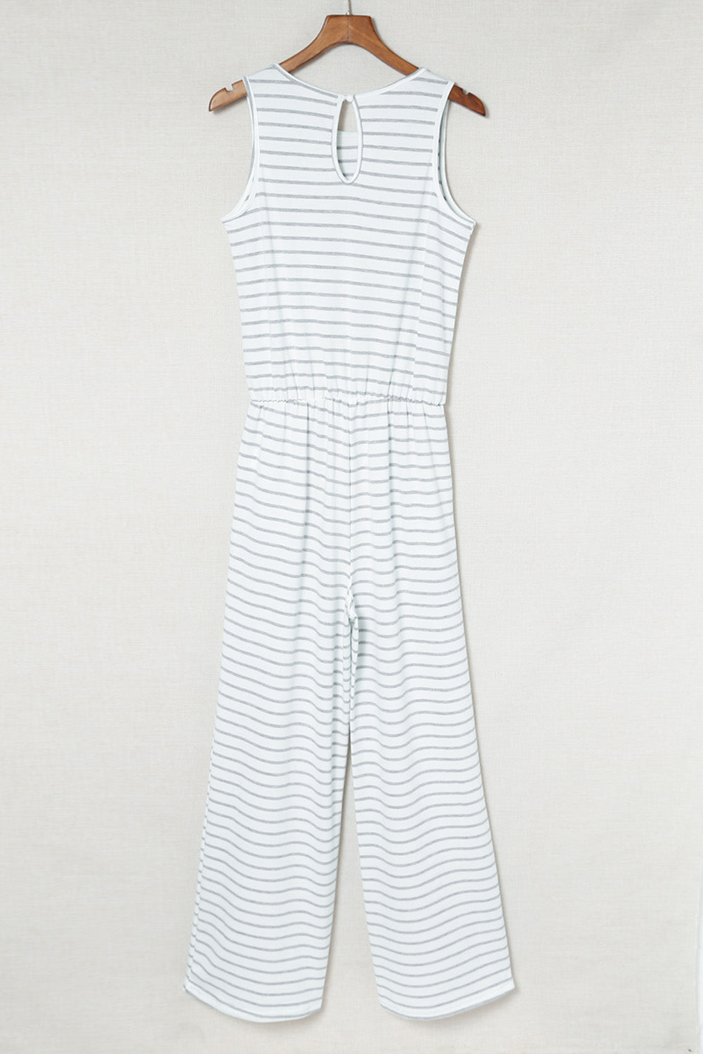 White Striped Keyhole Back Pockets Sleeveless Jumpsuit