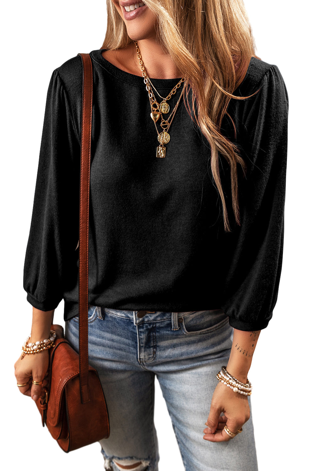 Black Plain 3/4 Puff Sleeve Round Neck Top