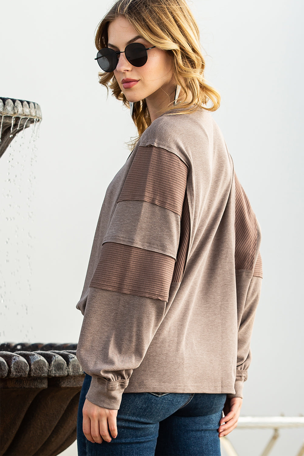 Gray Waffle Patchwork Dolman Sleeve Henley Top