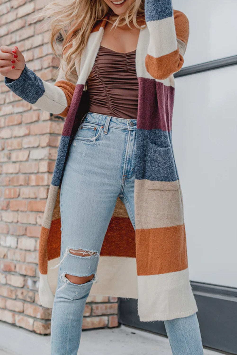 Multicolor Knitted Color Block Open Front Long Cardigan