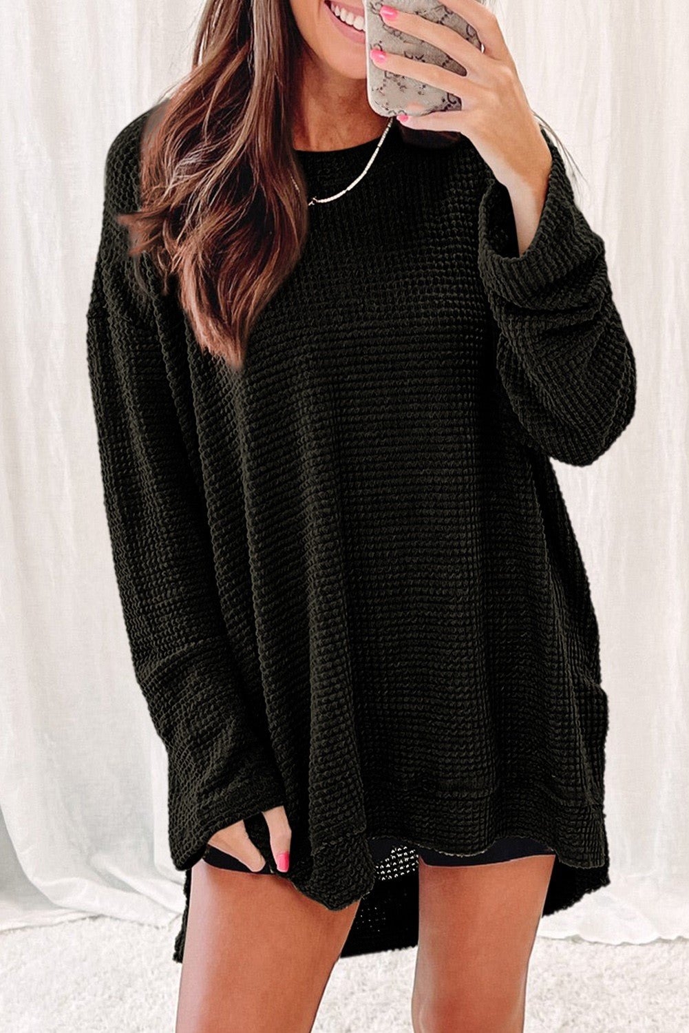 Gray Waffle Knit Drop Sleeve Side Slits Oversized Top