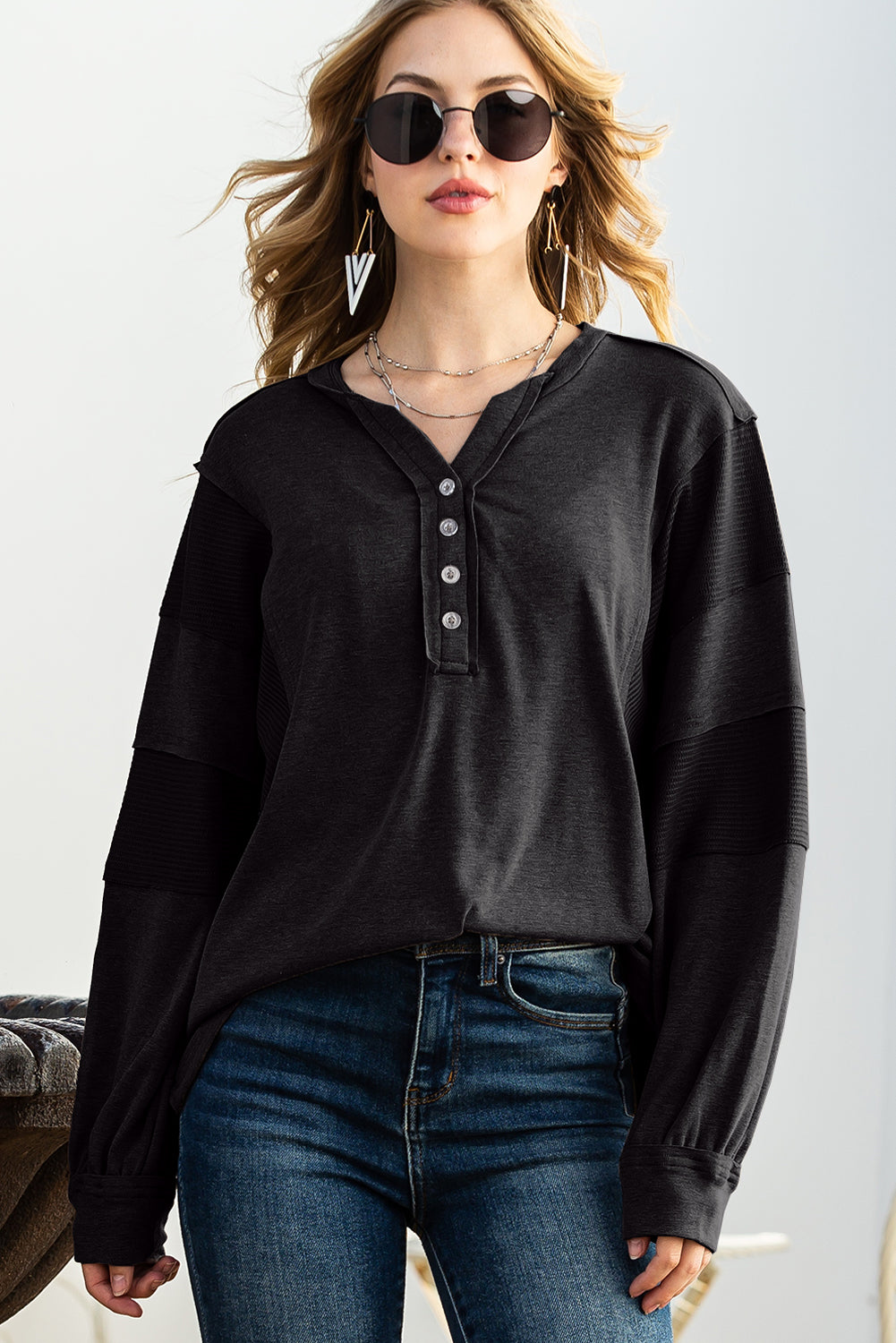 Gray Waffle Patchwork Dolman Sleeve Henley Top