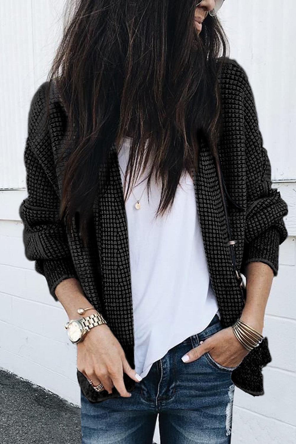 Grey Gingham Contrast Trim Open Front Cardigan