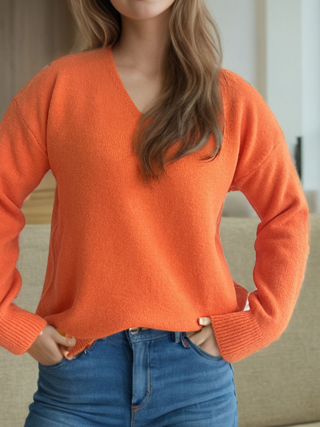 V-Neck Dropped Shoulder Long Sleeve Sweater