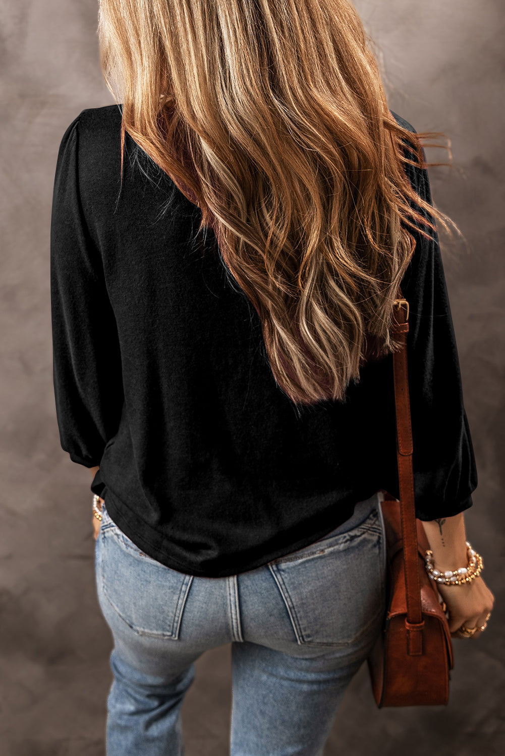 Black Plain 3/4 Puff Sleeve Round Neck Top