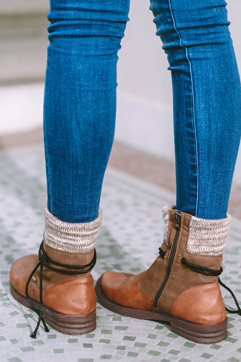 Chestnut PU Leather Knitted Patchwork Ankle Boots