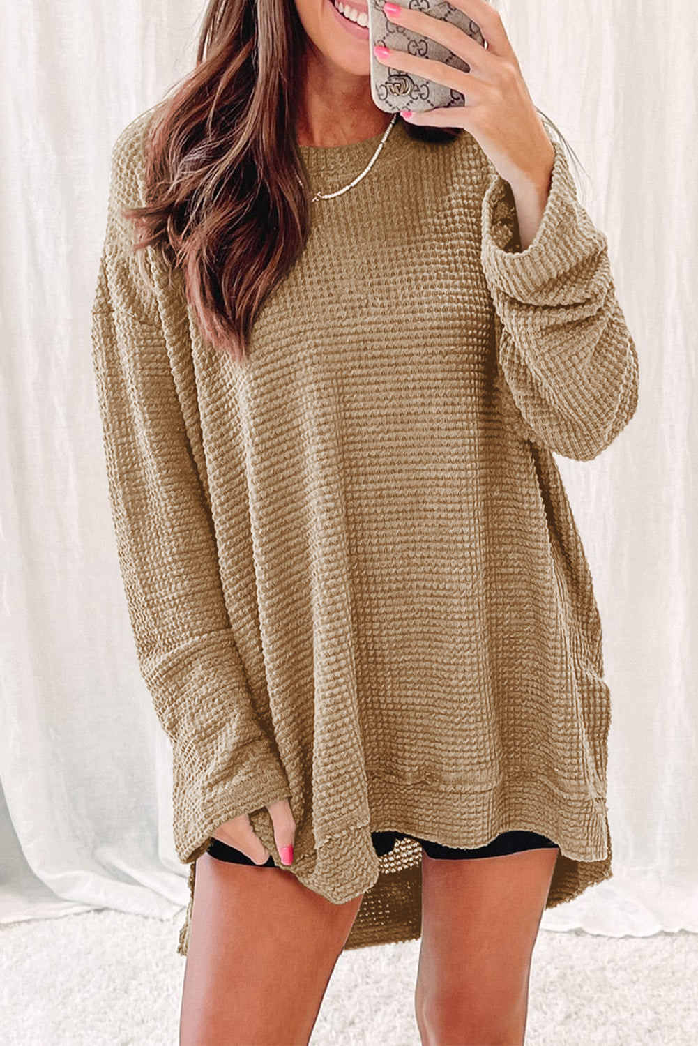 Gray Waffle Knit Drop Sleeve Side Slits Oversized Top