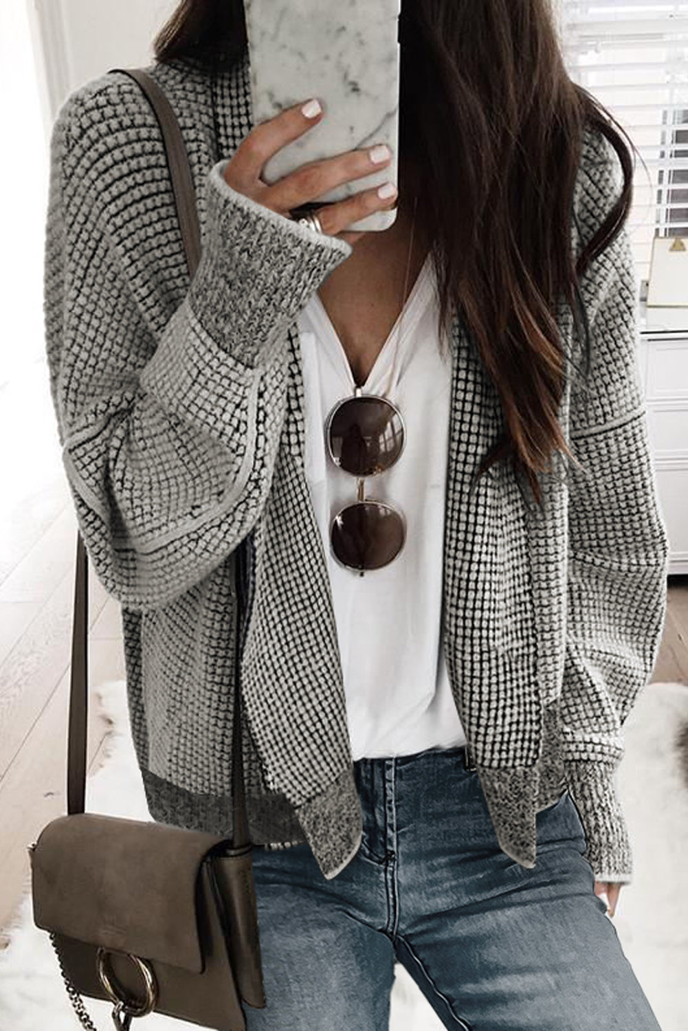 Grey Gingham Contrast Trim Open Front Cardigan