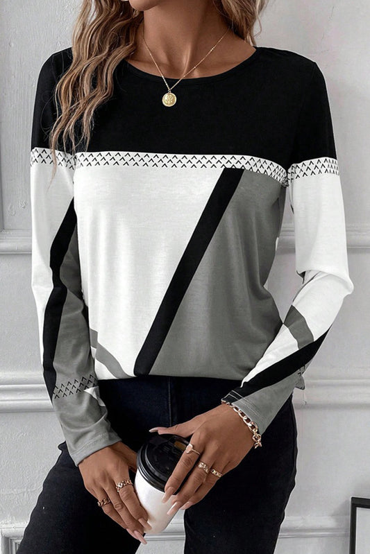 Medium Grey Geometric Print Color Block Crew Neck Top