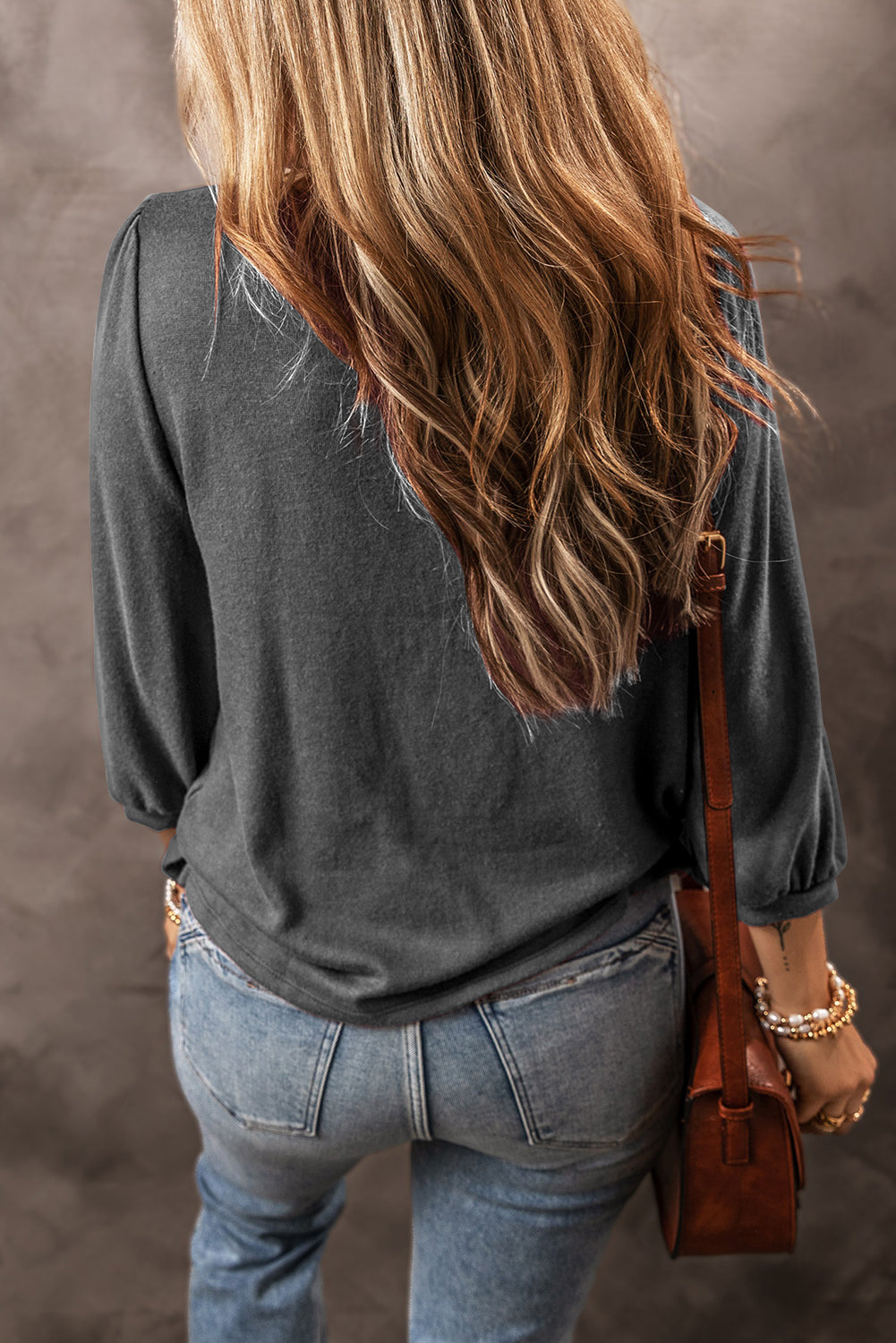 Black Plain 3/4 Puff Sleeve Round Neck Top