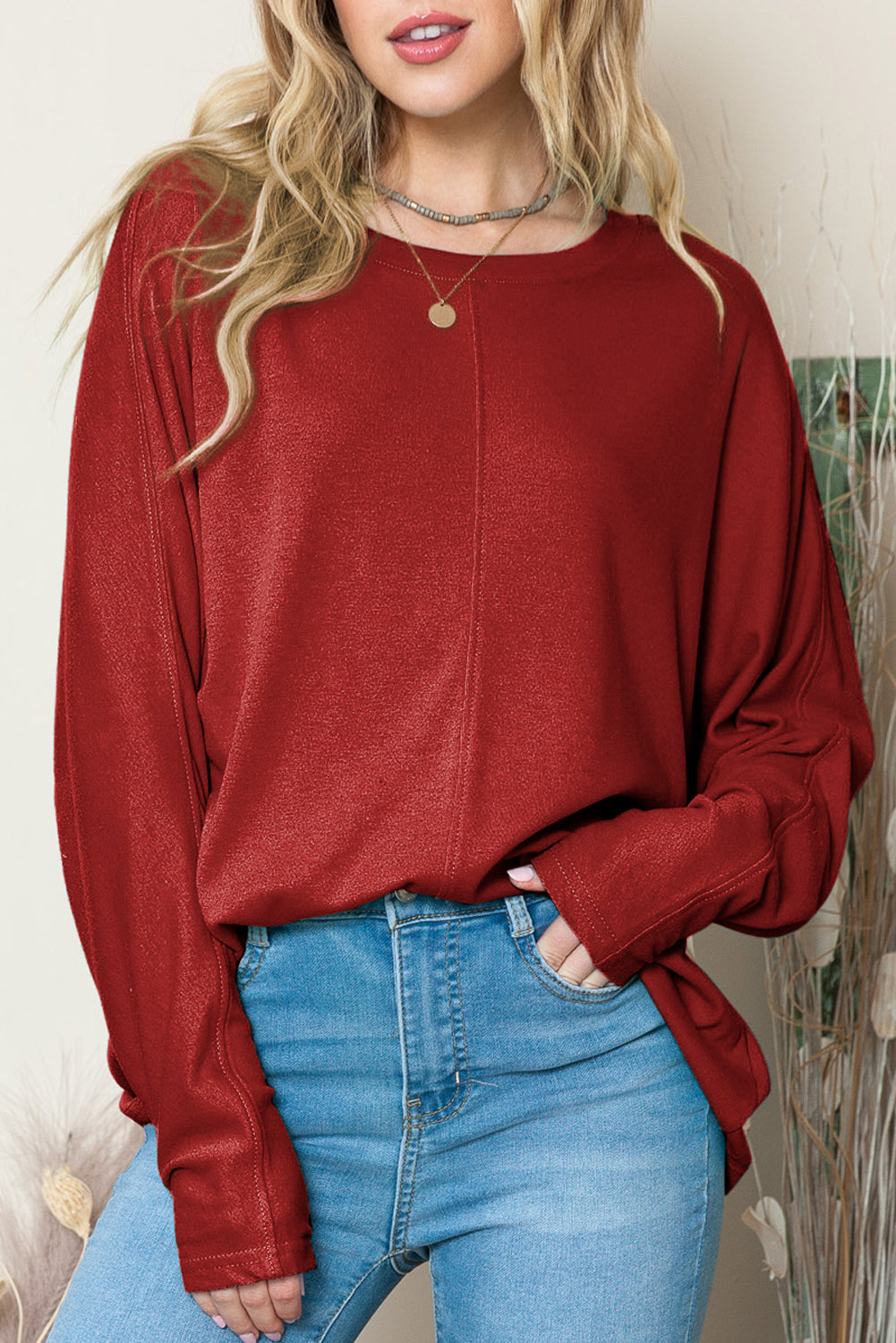 Red Basic Solid Color Seam Patchwork Long Sleeve Top