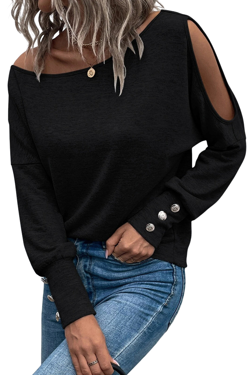 Black Boat Neck Asymmetric Cut Out Long Sleeve Top