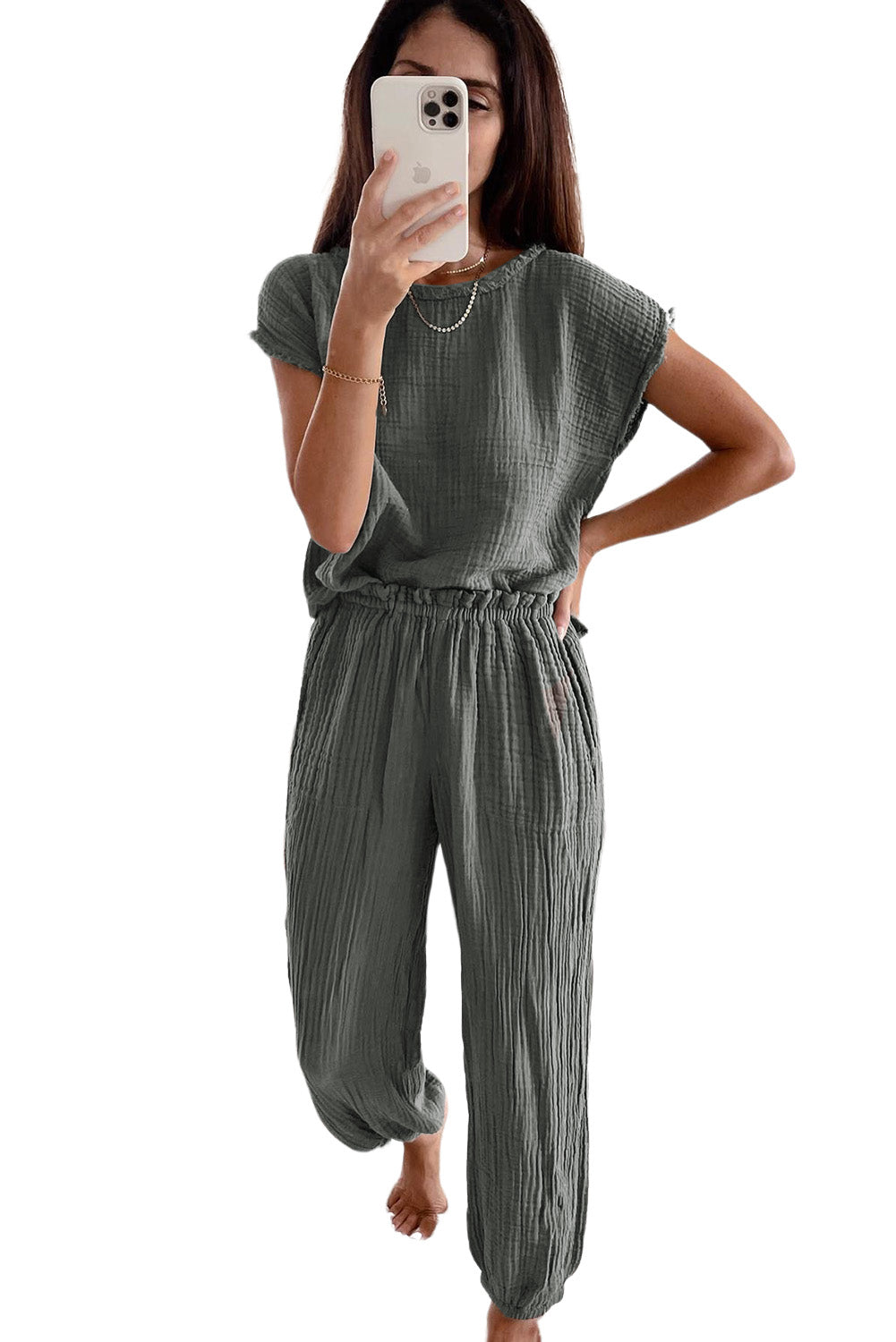 Gray Crinkled Texture Tee & Jogger Pants Set