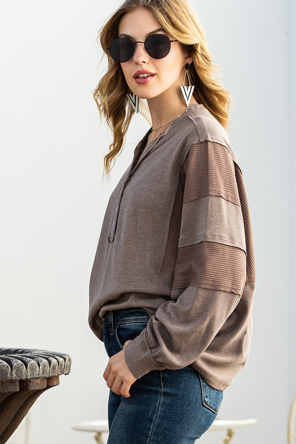 Gray Waffle Patchwork Dolman Sleeve Henley Top