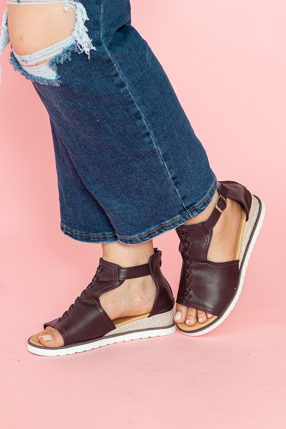 Brown PU Cutout Buckle Strap Platform Slides Shoes