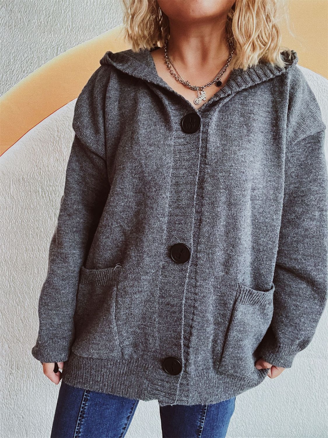 Dropped Shoulder Long Sleeve Hooded Cardigan