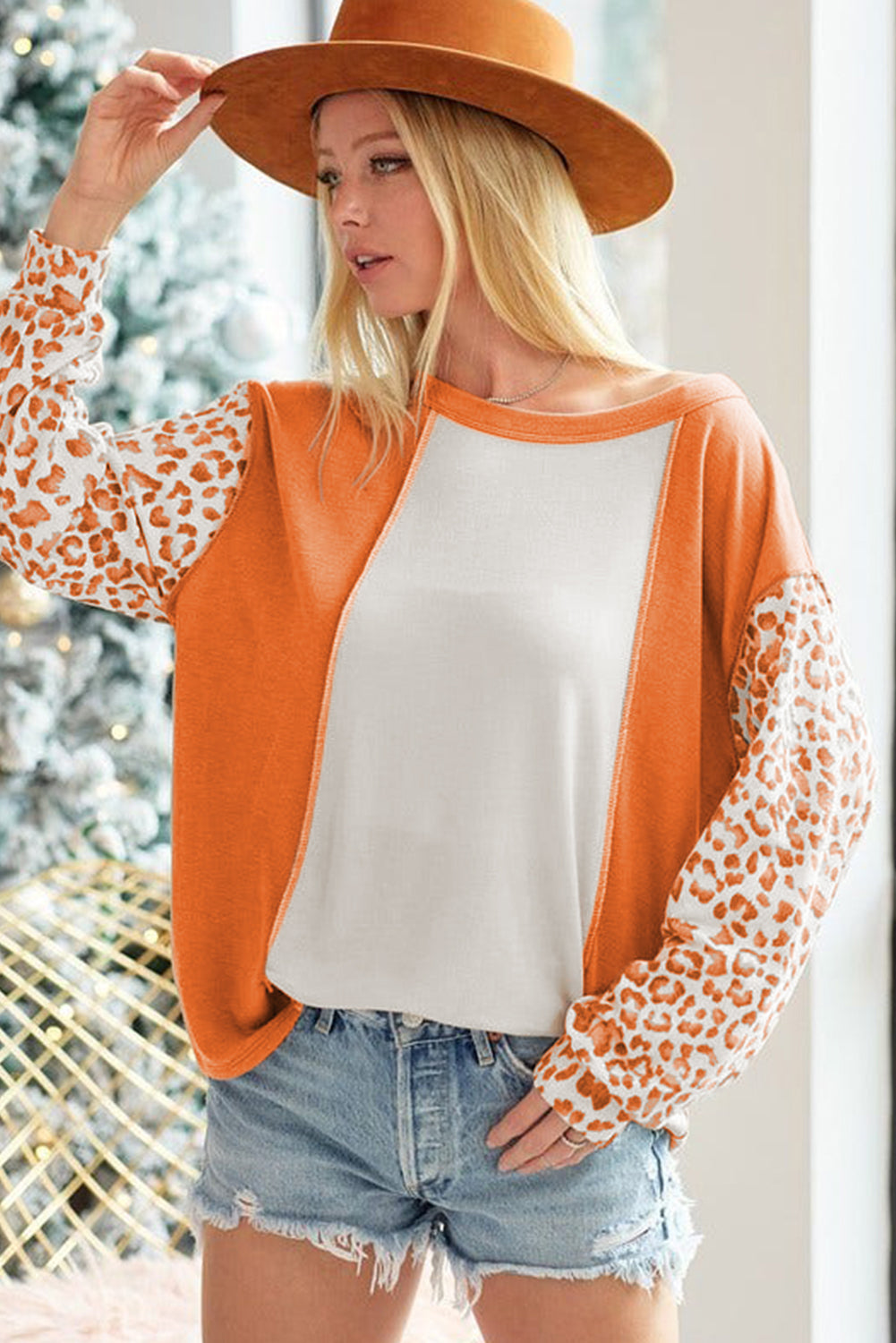 Apricot Colorblock Leopard Patchwork Sleeve Top