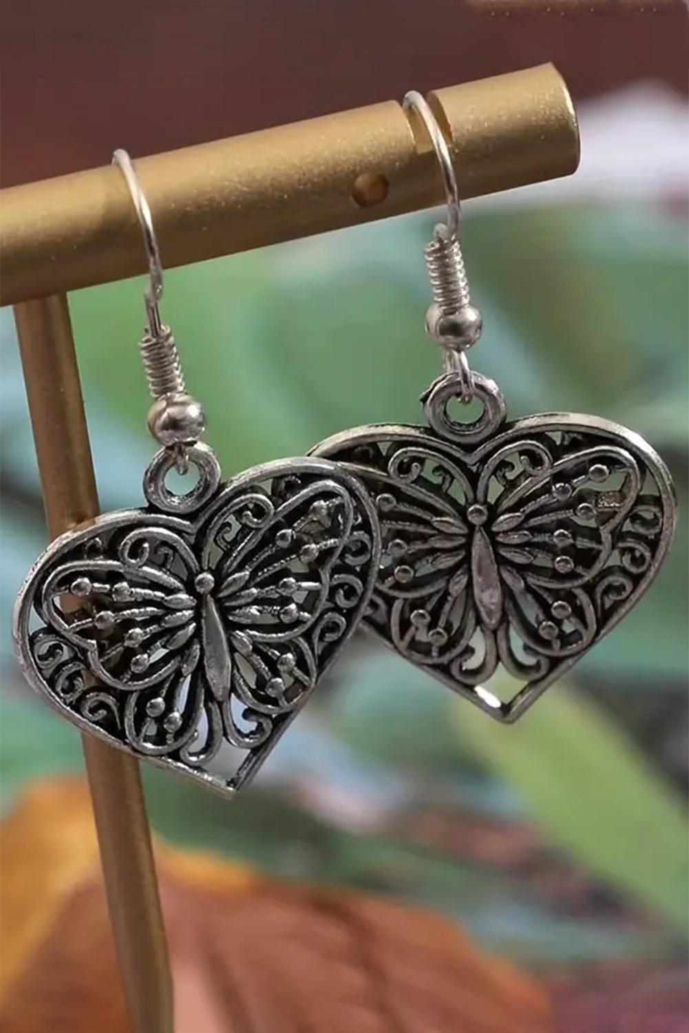 Silvery Retro Hollowed Butterfly Heart Pendant Earrings