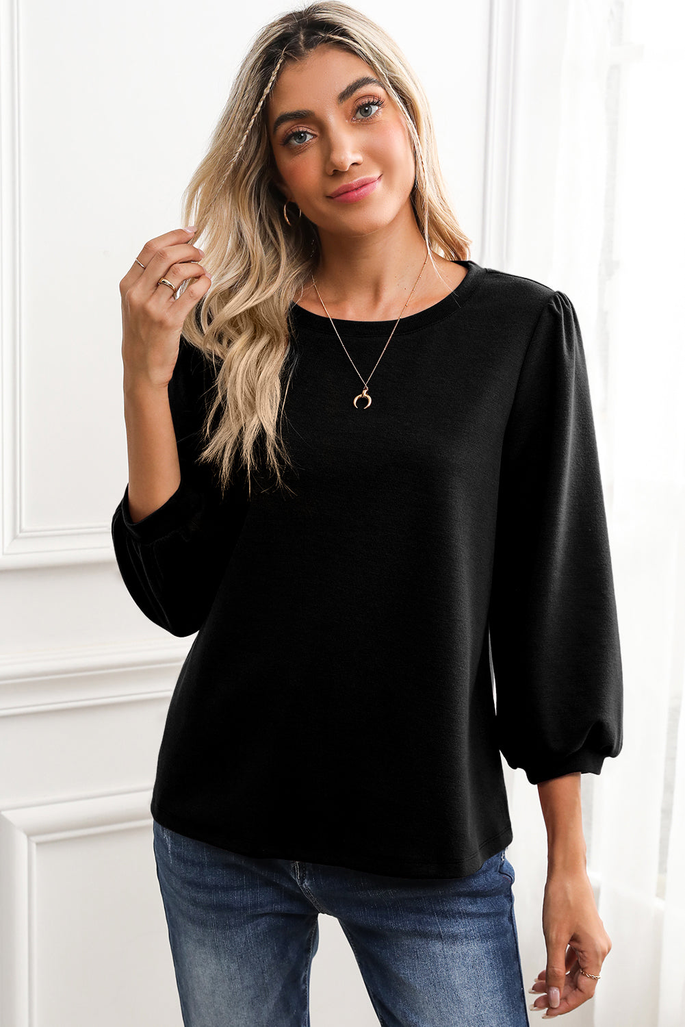 Black Plain 3/4 Puff Sleeve Round Neck Top